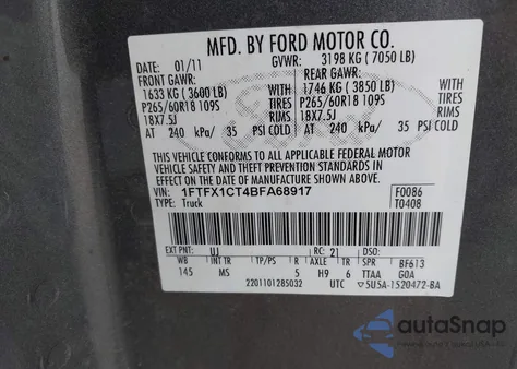 2011 Ford F-150 Xlt из США, поврежденный, VIN 1FTFX1CT4BFA68917